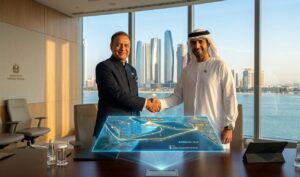 S. Jaishankar and UAE officials exchanging documents in a high-tech boardroom, symbolizing a futuristic energy partnership.