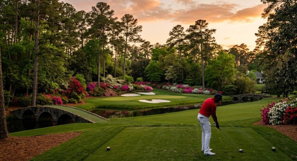 A professional golfer in a white polo shirt follows through on a swing on a lush green fairway, surrounded by towering pine trees and a crowd of spectators in the background.