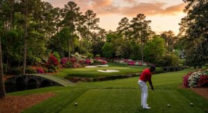 A professional golfer in a white polo shirt follows through on a swing on a lush green fairway, surrounded by towering pine trees and a crowd of spectators in the background.