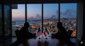 Diplomatic flags with Beirut city background showing Middle East tensions 2026."