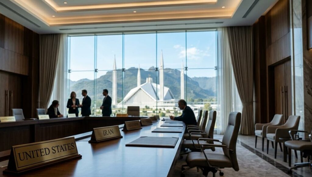 US, Iran, and Pakistan flags at the Islamabad peace summit venue, April 2026.