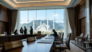 US, Iran, and Pakistan flags at the Islamabad peace summit venue, April 2026.