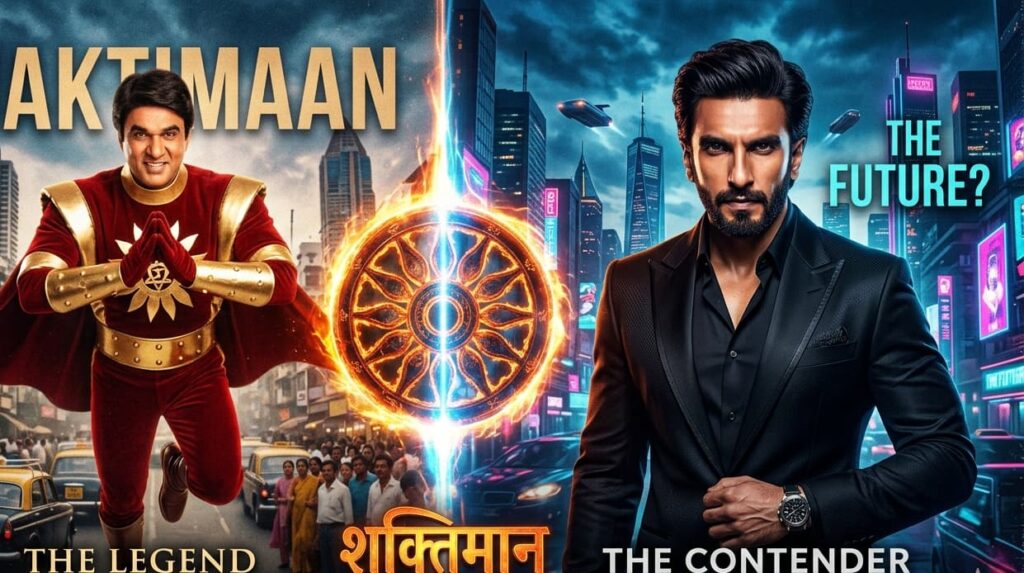 Side-by-side photo of Mukesh Khanna as Shaktimaan and Ranveer Singh at a recent film event.