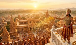 A majestic photorealistic depiction of Ranbir Kapoor as Lord Rama standing in front of a golden Ayodhya palace at sunrise