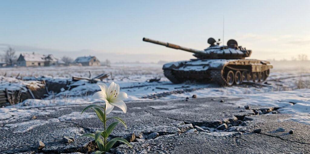 A symbolic image of a white dove flying over a quiet battlefield in Eastern Europe
