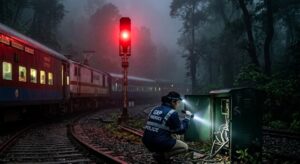GRP officers investigating the cut signal wires near a railway track at night.