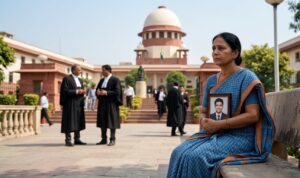 A solemn Indian family holding photographs of their missing son, standing outside the Supreme Court of India.