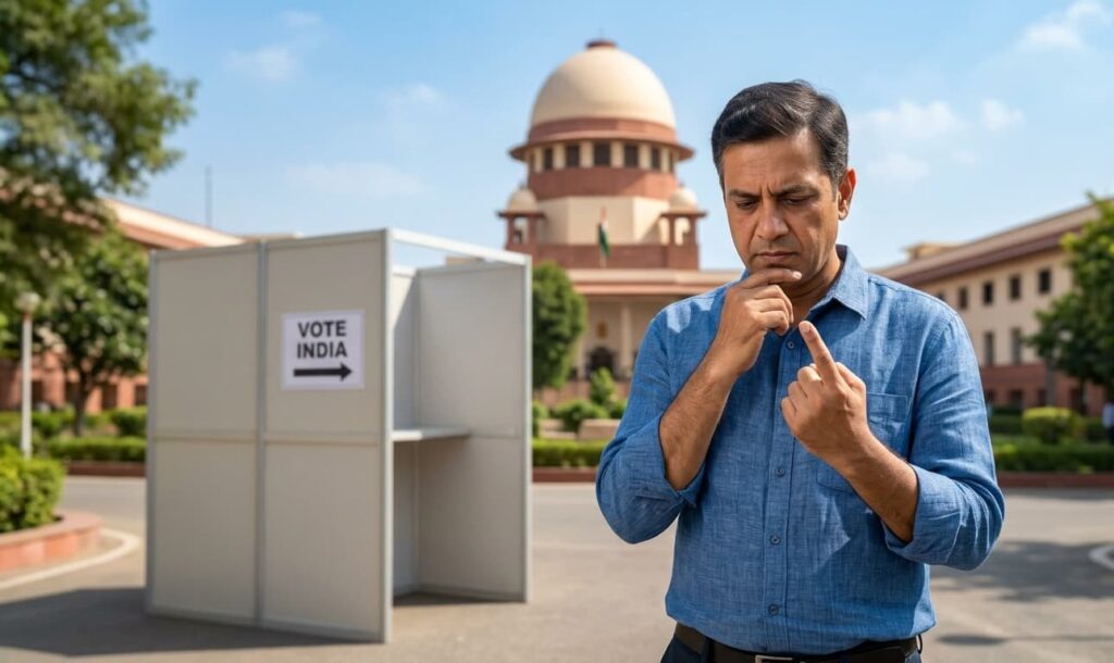 A close-up of a voter's finger with indelible blue ink, set against the backdrop of the Supreme Court of India building.