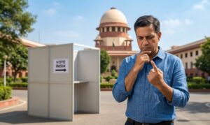 A close-up of a voter's finger with indelible blue ink, set against the backdrop of the Supreme Court of India building.