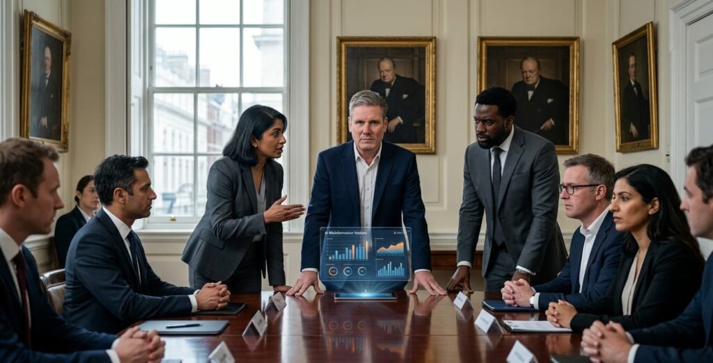 Prime Minister Keir Starmer speaking outside 10 Downing Street during a rainy London afternoon.
