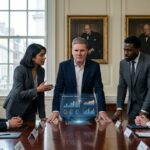 Prime Minister Keir Starmer speaking outside 10 Downing Street during a rainy London afternoon.