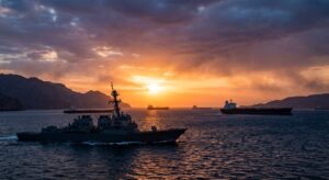A naval vessel patrolling the strategic Strait of Hormuz amid the 2026 Middle East conflict.