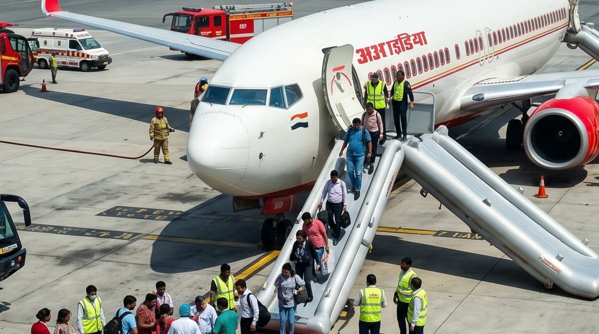A commercial passenger airplane with deployed inflatable emergency slides on the tarmac at Delhi IGI airport, surrounded by fire trucks and emergency response personnel during a daytime evacuation.