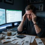 A middle-aged man in a dark room looking stressed while typing on a laptop with tax documents scattered on the desk.