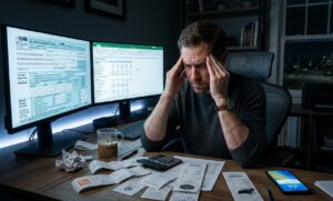 A middle-aged man in a dark room looking stressed while typing on a laptop with tax documents scattered on the desk.