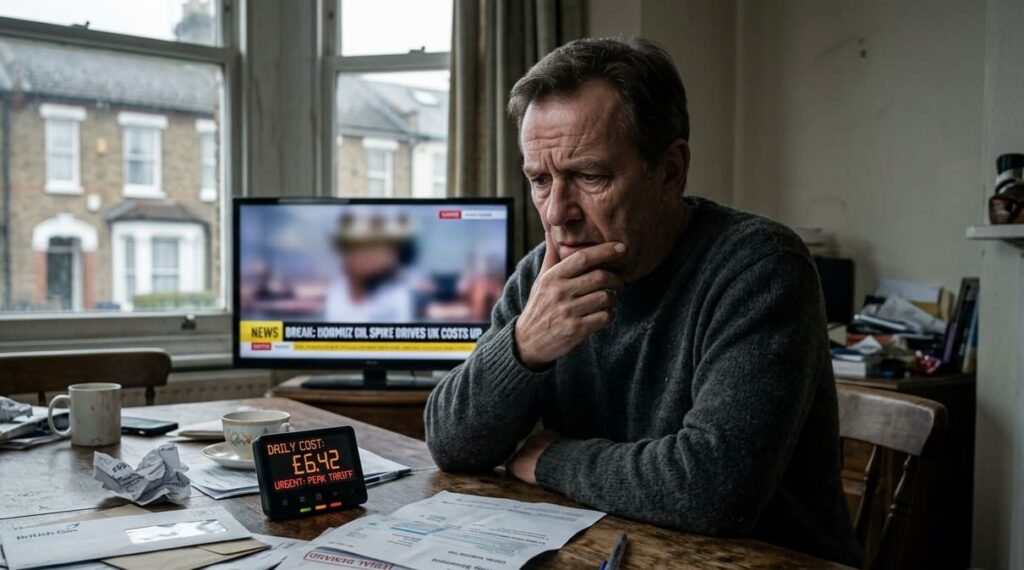 A worried London resident holding an energy bill in a dimly lit kitchen.