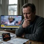 A worried London resident holding an energy bill in a dimly lit kitchen.