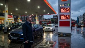 A worried British motorist looking at a digital petrol station sign showing diesel prices at 192p per litre.