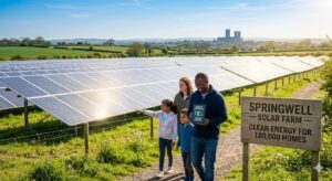 A happy diverse family walking past the Springwell Solar Farm in the UK countryside with Lincoln Cathedral in the background; a sign highlights clean energy for 180,000 homes.