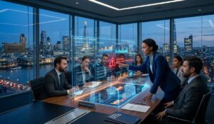 A high-end boardroom setting where a digital tablet displays the scales of justice over a social media interface.