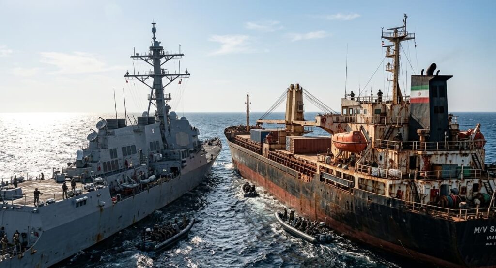 U.S. destroyer USS Spruance intercepting an Iranian cargo vessel in the North Arabian Sea.