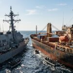 U.S. destroyer USS Spruance intercepting an Iranian cargo vessel in the North Arabian Sea.