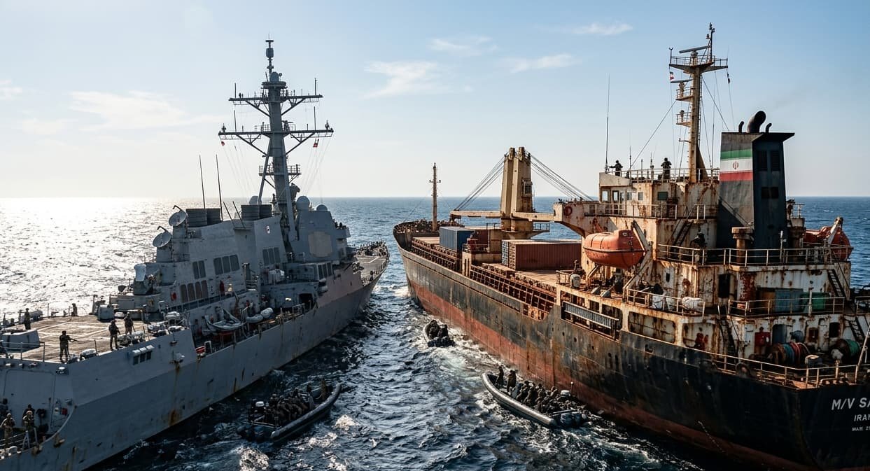 U.S. destroyer USS Spruance intercepting an Iranian cargo vessel in the North Arabian Sea.