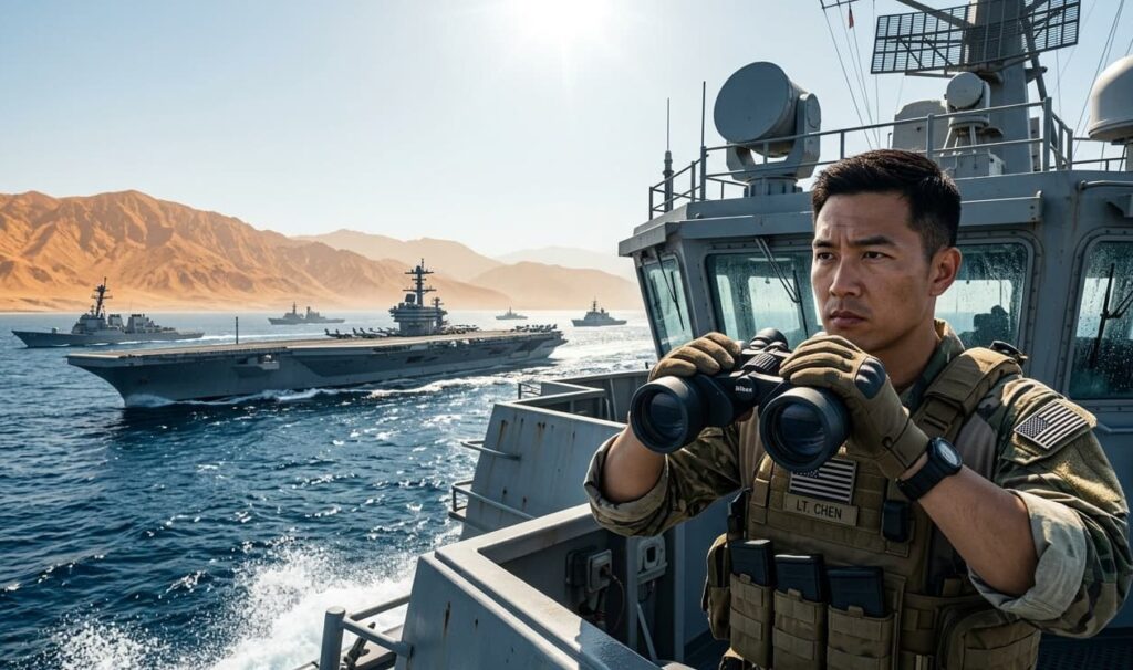 A high-definition view of U.S. Navy warships positioned strategically in the narrow Strait of Hormuz under a clear blue sky.