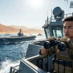A high-definition view of U.S. Navy warships positioned strategically in the narrow Strait of Hormuz under a clear blue sky.