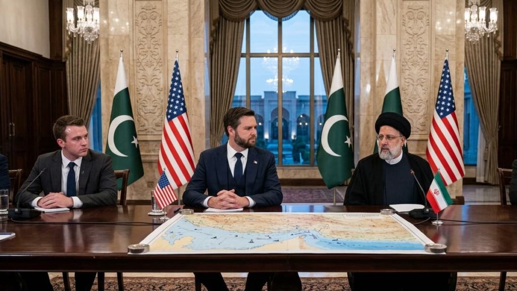 Vice President JD Vance shaking hands with a Pakistani official on a red carpet at an airport.