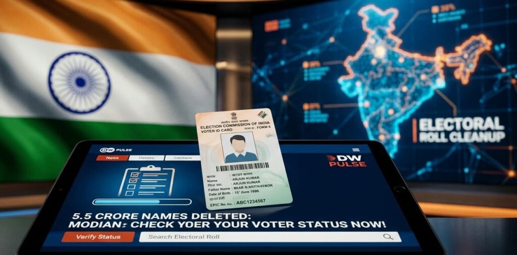 Indian Voter ID card on a digital screen showing 5.5 crore names deleted update