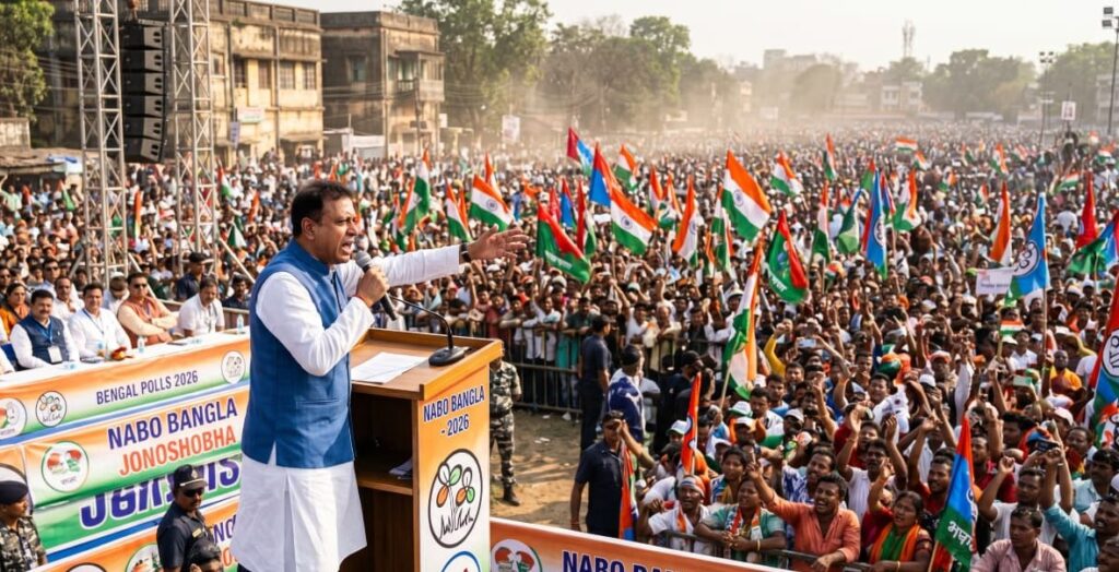 An Indian political leader addressing a massive, energetic election rally in West Bengal, surrounded by supporters holding colorful flags under the bright sun.