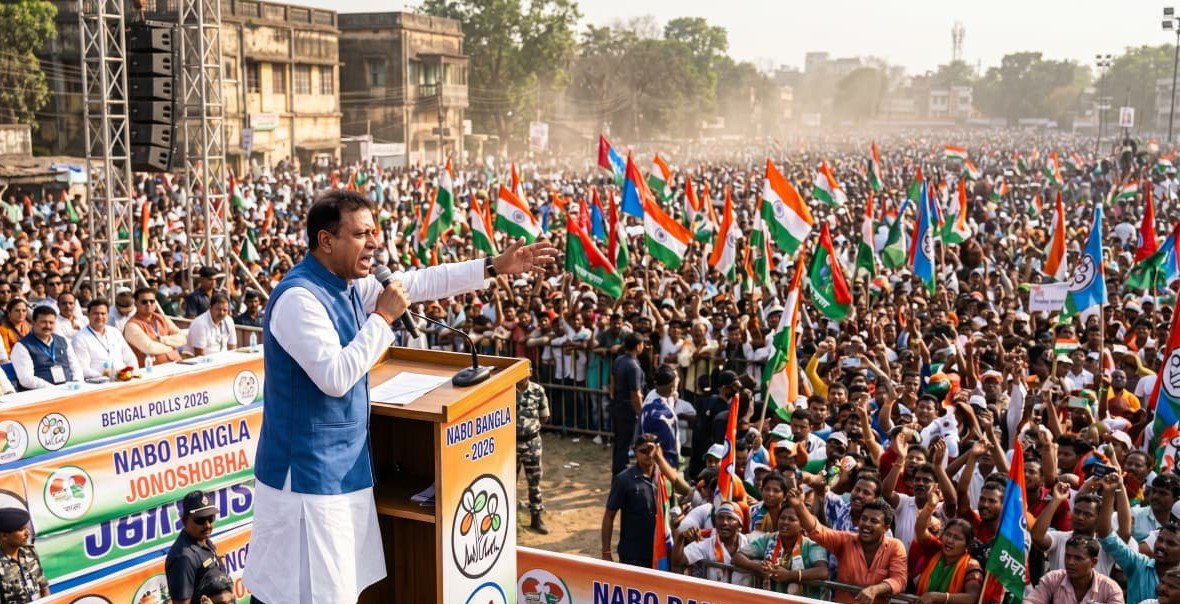 An Indian political leader addressing a massive, energetic election rally in West Bengal, surrounded by supporters holding colorful flags under the bright sun.