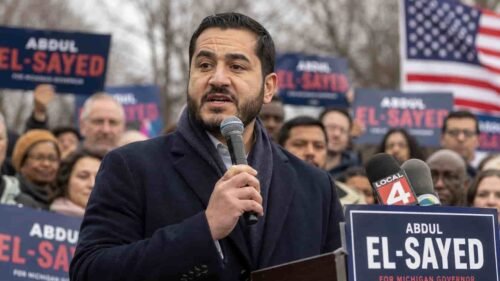 Abdul El-Sayed at a campaign event following his primary victory in Michigan