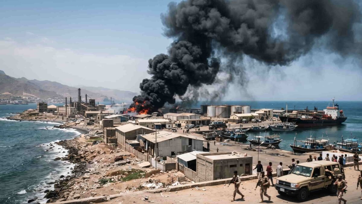 Smoke rising over the Red Sea port of al-Makha following Houthi missile and drone strikes.