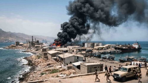 Smoke rising over the Red Sea port of al-Makha following Houthi missile and drone strikes.