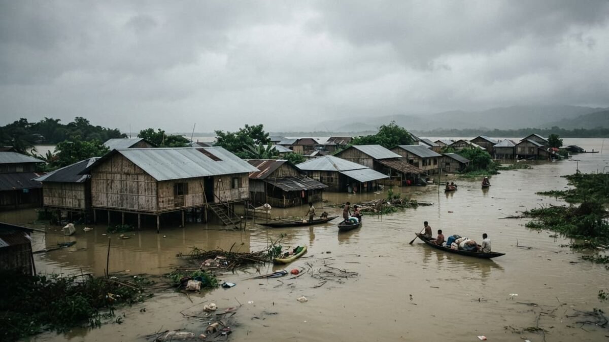 Floodwaters submerging rural areas and homes in Assam.