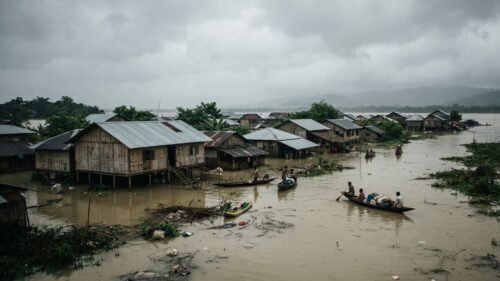 Floodwaters submerging rural areas and homes in Assam.