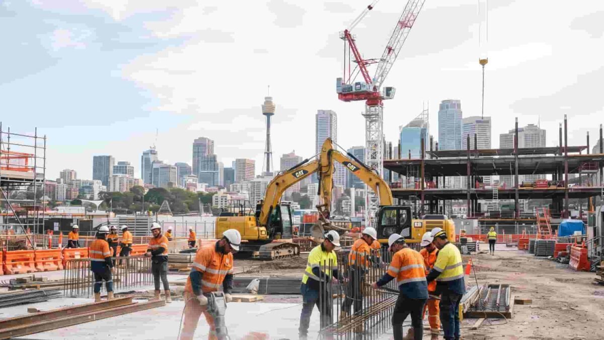 Skilled workers at a modern Australian construction site highlighting national workforce needs.