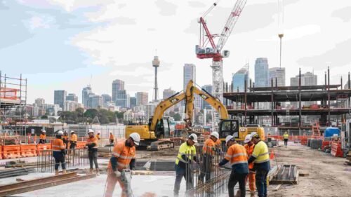 Skilled workers at a modern Australian construction site highlighting national workforce needs.