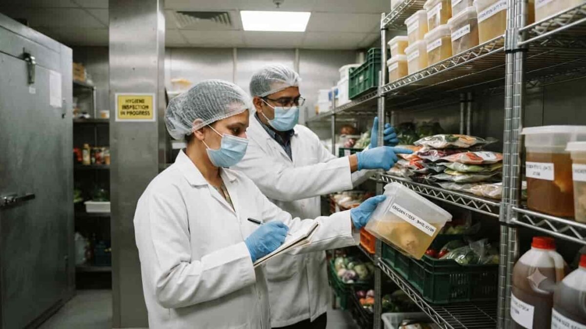 ood safety officers inspecting commercial kitchen storage at a luxury hotel in Bengaluru