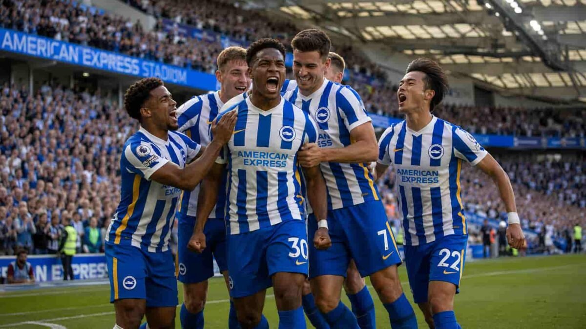 Brighton & Hove Albion players in blue and white jerseys celebrating on the pitch at the Amex Stadium