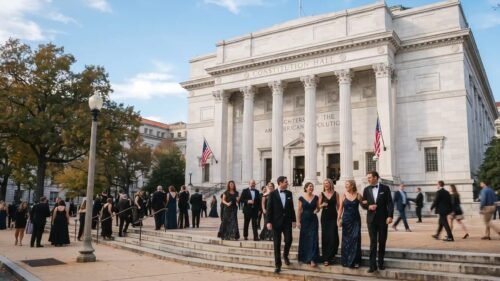 Exterior view of Constitution Hall where Daughters of the American Revolution members gathered for the vote