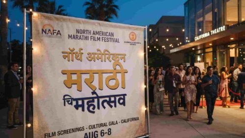 North American Marathi Film Festival banner displayed in California