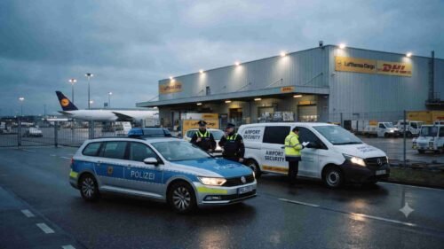 Security vehicles and personnel stationed at a German cargo airport following an explosive drone discovery