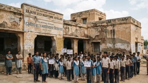 pecially-abled students protesting outside a school building in Jaipur