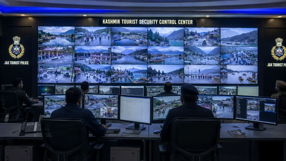 Security personnel monitoring centralized CCTV camera feeds of tourist sites in Jammu and Kashmir