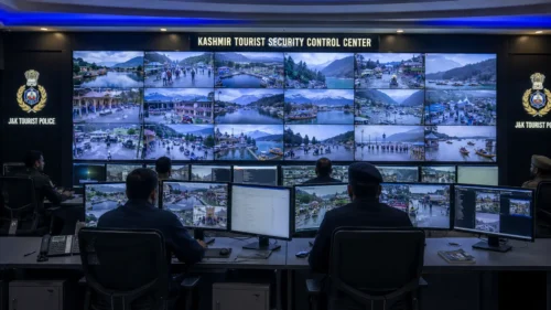 Security personnel monitoring centralized CCTV camera feeds of tourist sites in Jammu and Kashmir