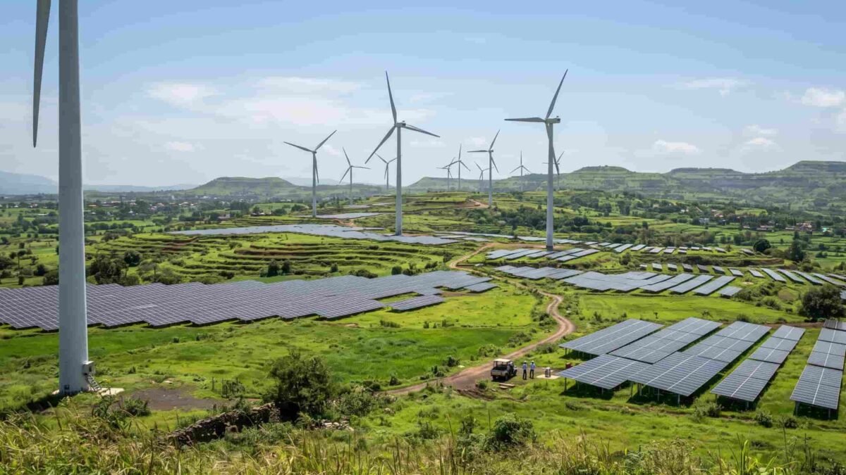 Renewable energy installations including wind turbines and solar farms across Maharashtra.