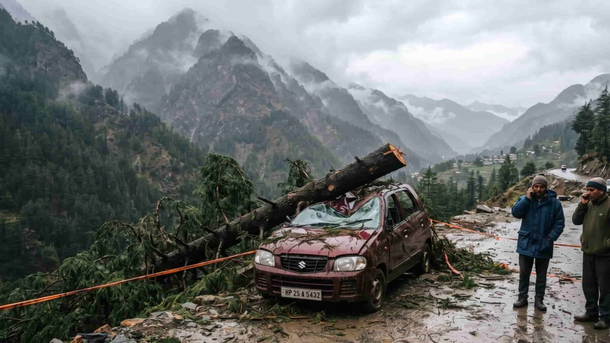 Car damaged by a fallen deodar tree in the Barot Valley of Mandi district